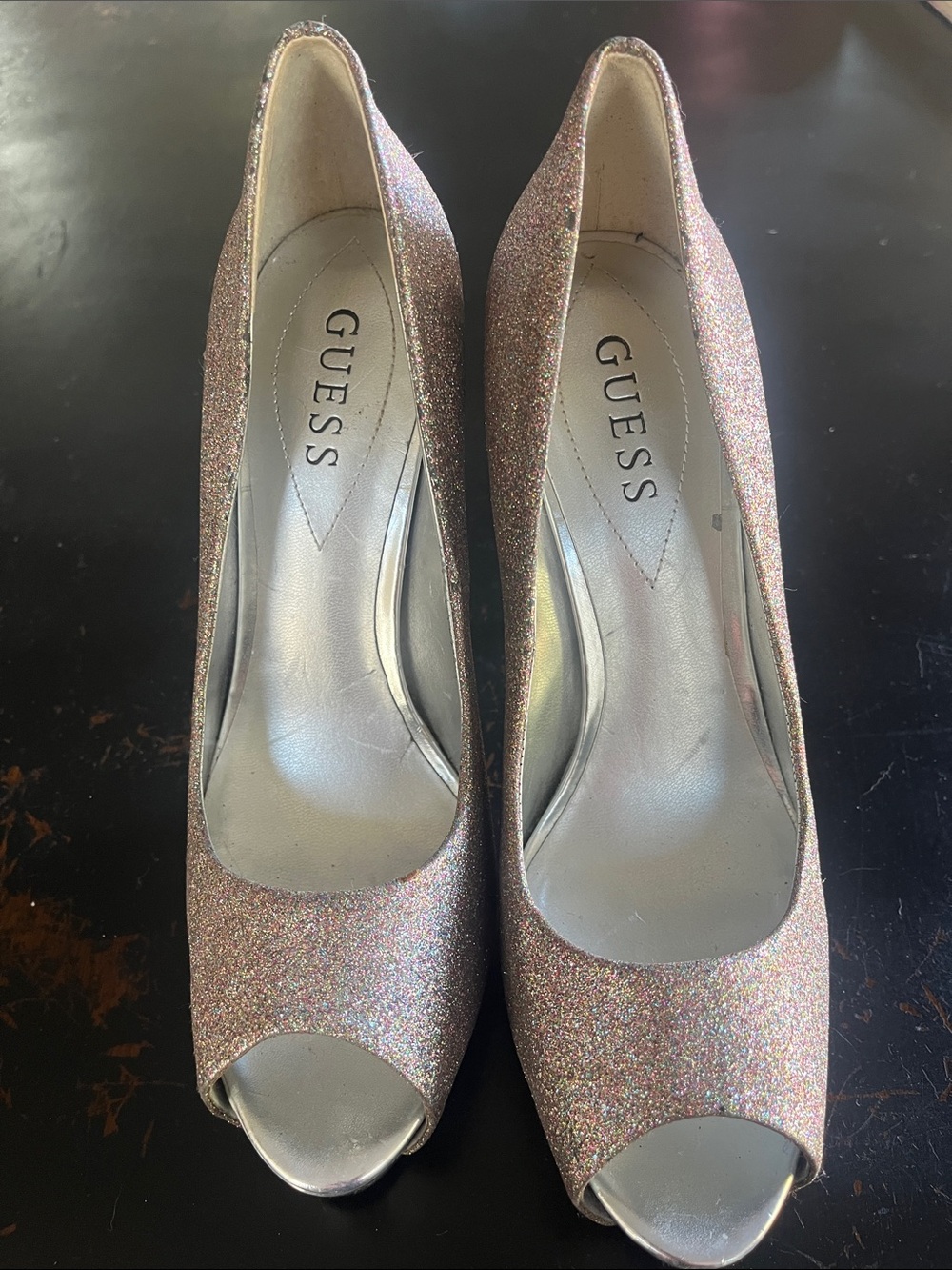 GUESS Glitter Peep-Toe Heels in Shimmering Rose-Tone